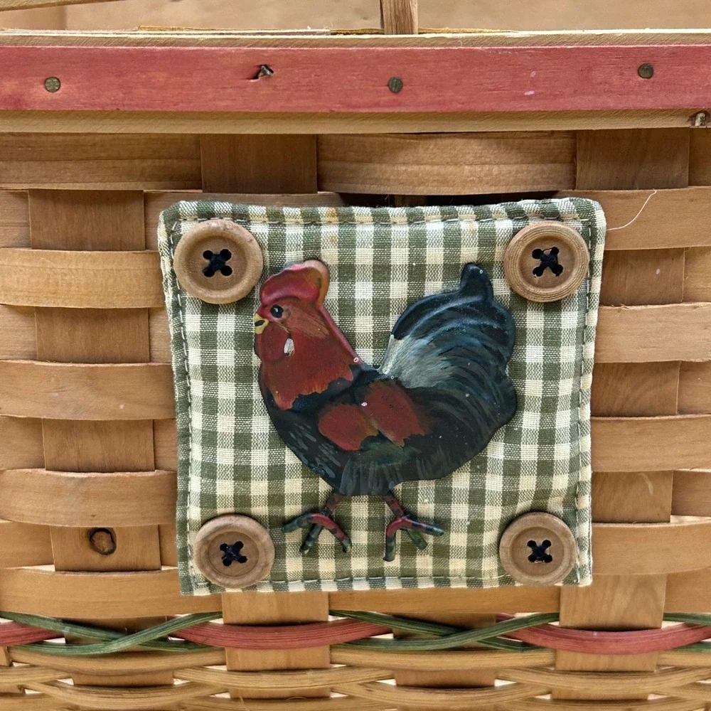 Vintage Farmhouse Woven Wood Basket with Rooster Patch and Swing Handle